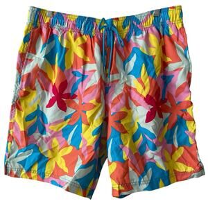 NEW LANDS' END Men's Floral Graphic Swim Shorts Multicolor Size Large Pockets